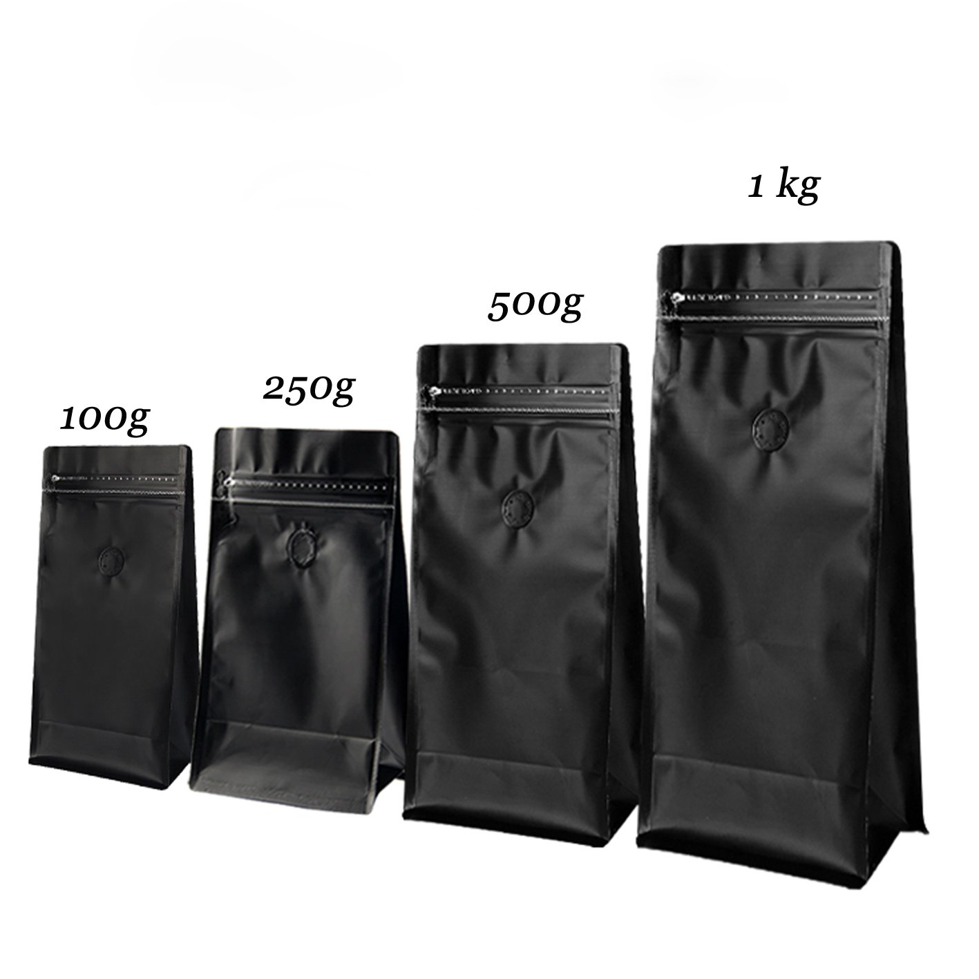 Custom coffee bags in 100g, 250g, 500g and 1kg sizes