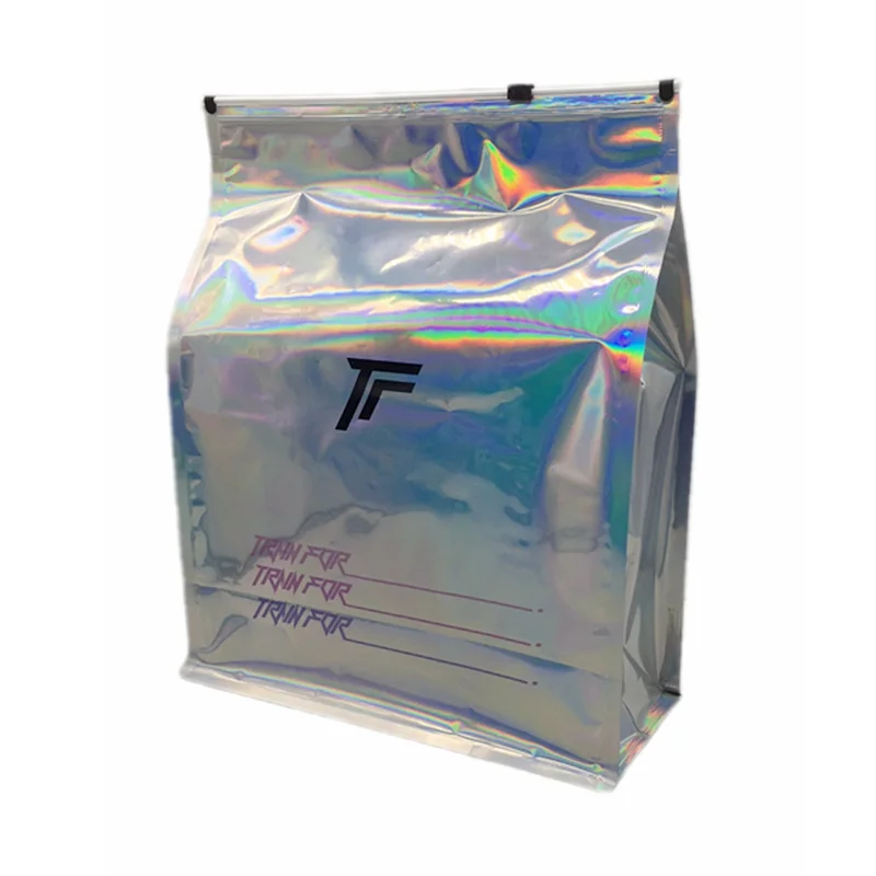 custom holographic flat bottom bag with zipper and printed logo wholesale 