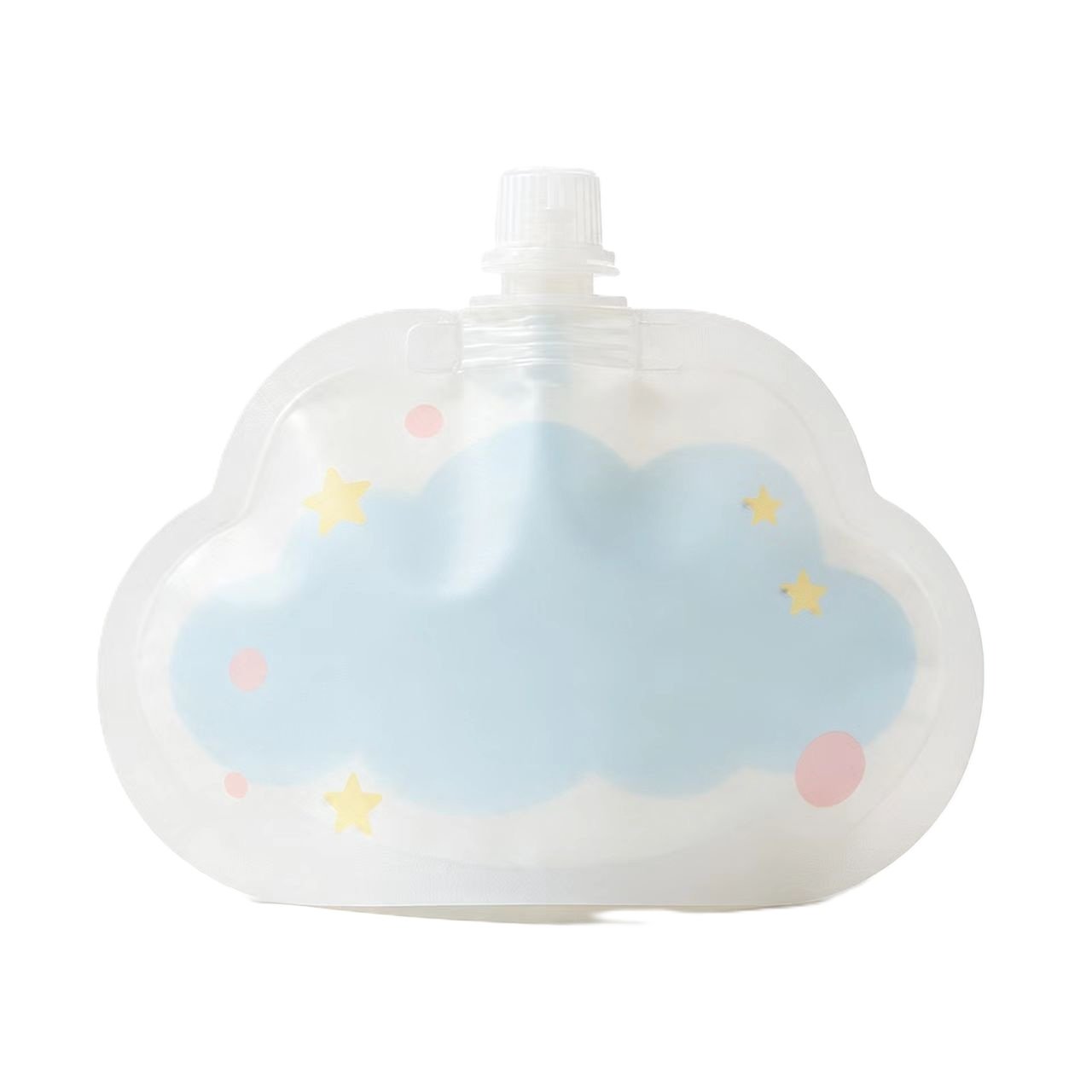 Cloud shaped spouted pouch with custom printing for baby food and juice packaging.