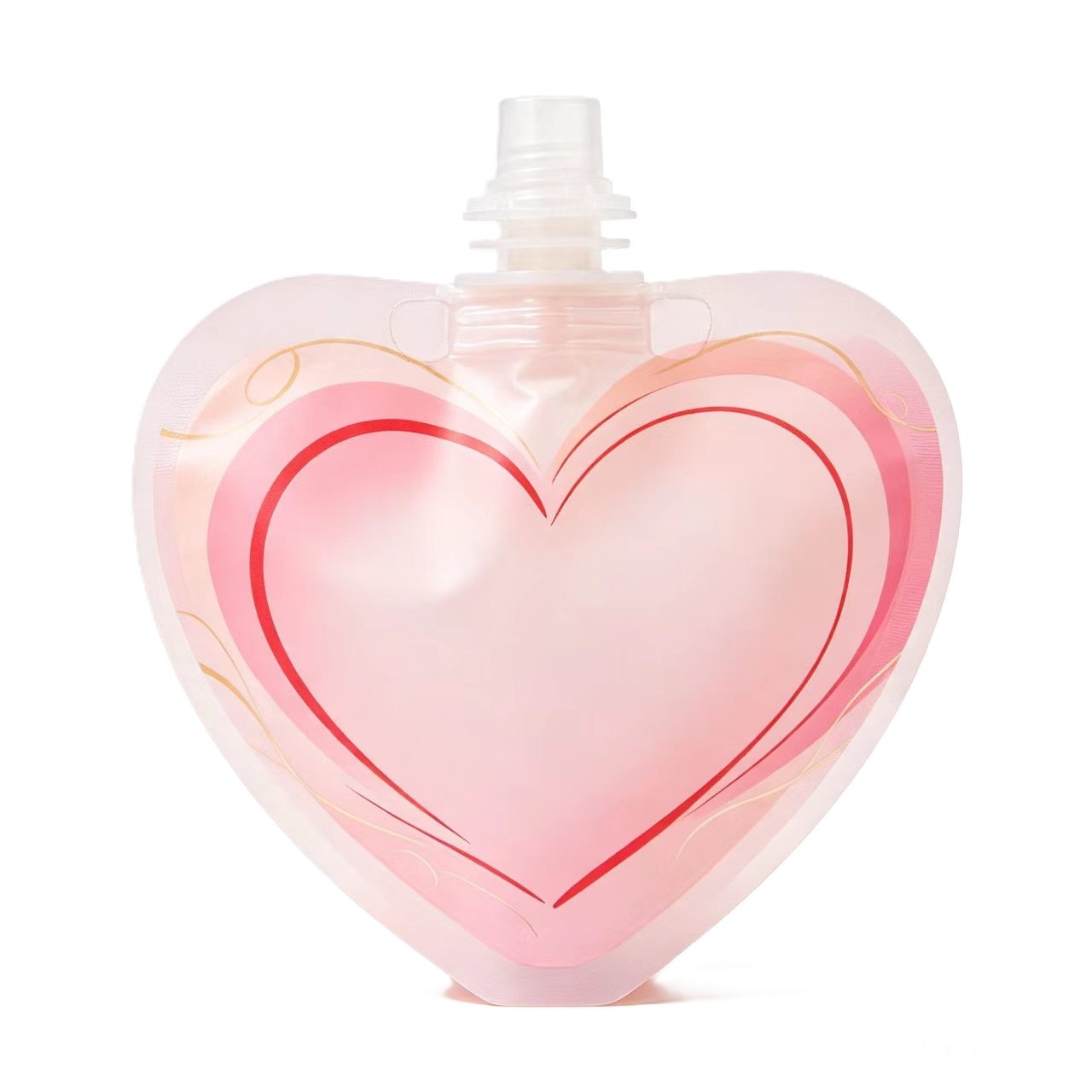 Creative heart-shaped spouted pouch with custom printing for liquid and beverage brands.