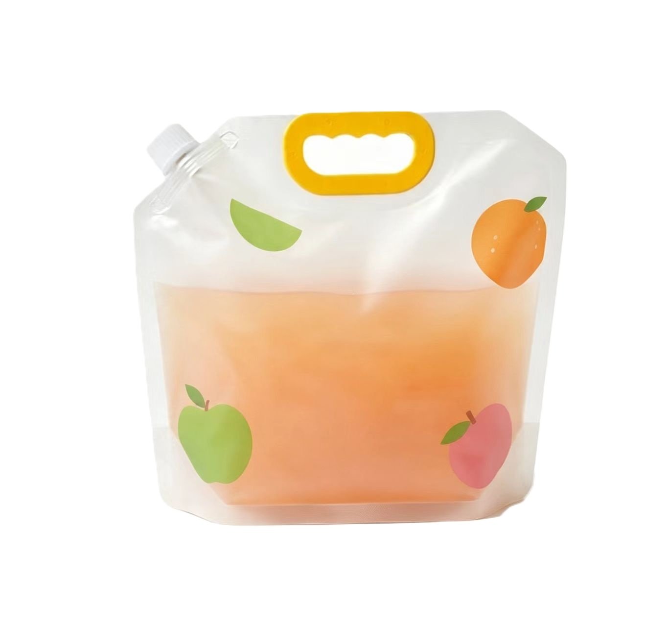 Transparent stand up spouted pouch with a die-cut handle for large capacity juice and beverage packaging.