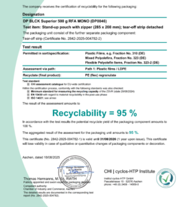 100 percent recyclable material stand up pouch with 95 percent certified recyclability by cyclos-HTP