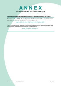 ISO 14021 environmental claims annex for cyclos-HTP certified recyclable pouches in Germany Netherlands Belgium Spain