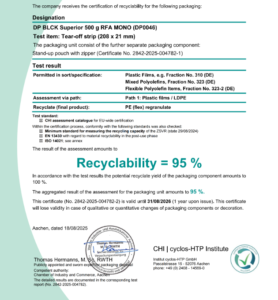 100 percent recyclable tear off strip with 95 percent certified recyclability by cyclos-HTP