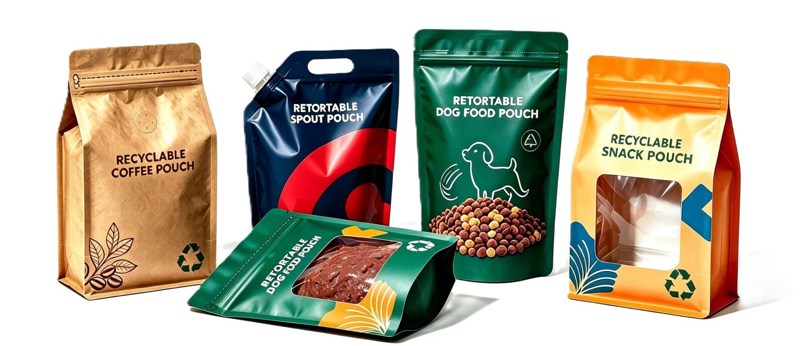 Sustainable recyclable packaging solutions including fully recyclable pouches, kraft paper touch bags, flat bottom pet food pouches, high-barrier retort dog food bags, and liquid spout pouches from China manufacturer.