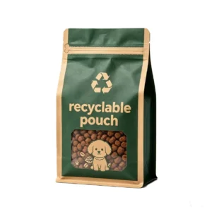 custom printed recyclable flat bottom dog treats pouch with clear window and zipper for eco friendly pet food packaging