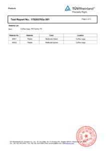 Detailed chemical substance data and EU food contact migration testing results page 2 by TUV for custom printed coffee packaging bags