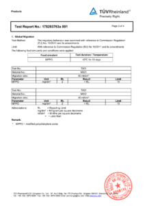 EU food contact migration test conclusion and official signature page 3 by TUV for custom printed coffee bags