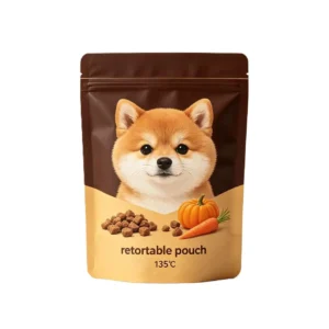 Custom stand-up retort pouch for wet pet food, suitable for validated retort processing at 135°C