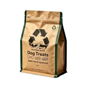 custom printed paper touch recyclable flat bottom pouch with zipper for dog treats packaging