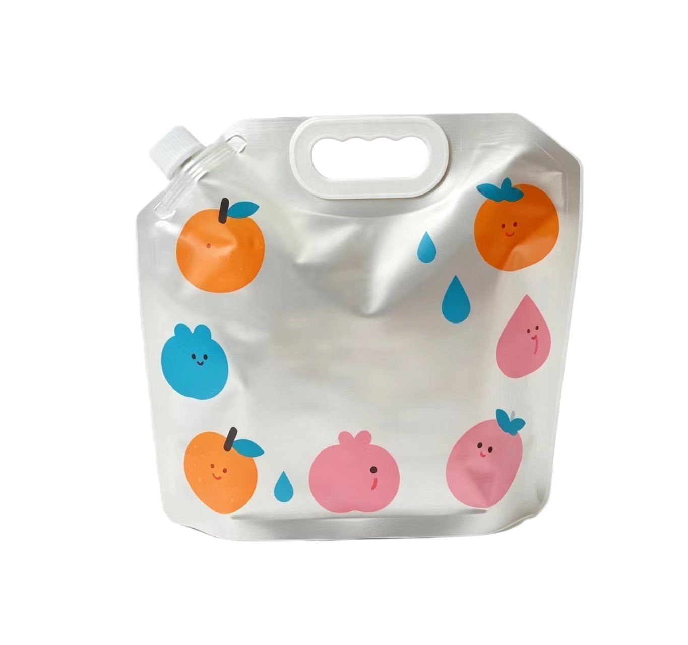 Custom printed juice spout pouch with rigid plastic carry handle and cartoon design for beverage packaging