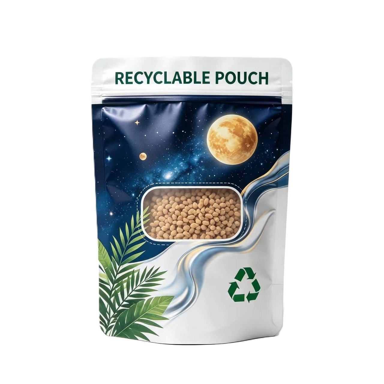 100 percent recyclable stand up pouch with oval clear window for pet food packaging