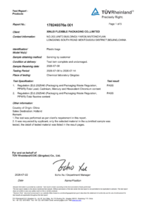 Official EU PPWR compliant packaging testing report page 1 for sustainable recyclable printed pouches exported to Europe market